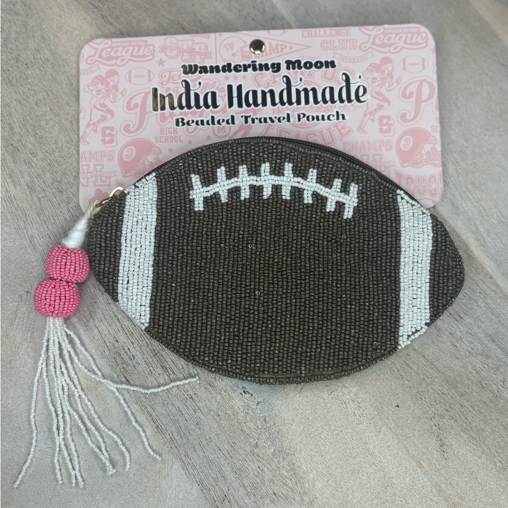 Brown and White Beaded Football Pouch